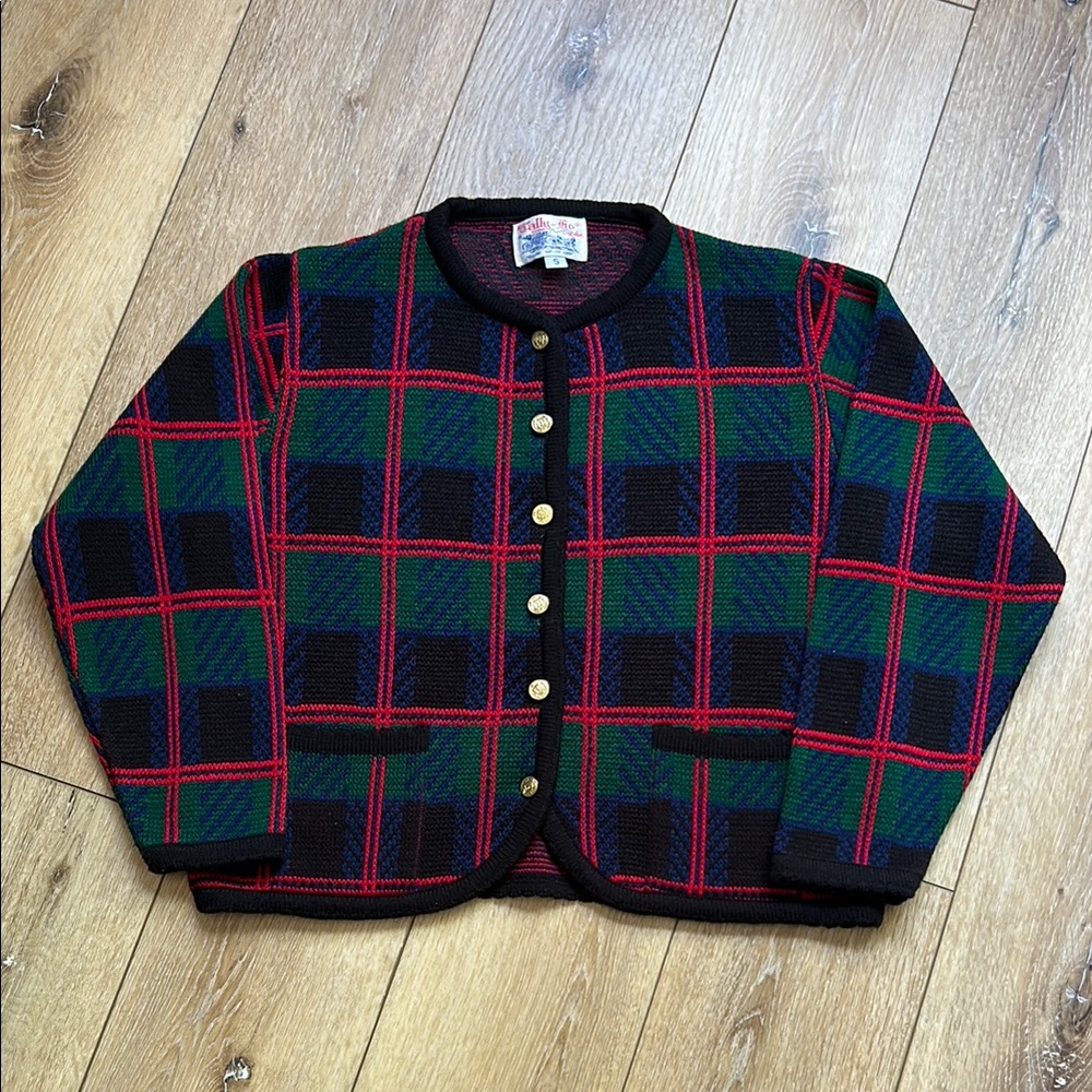 Vintage Tally Ho Cardigan Sweater Womens Tartan Green Red Plaid Long Sleeve Sz S
